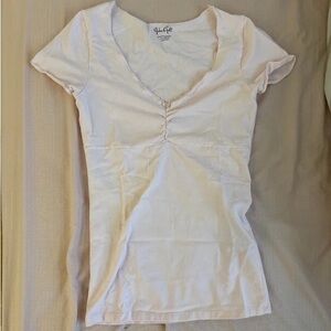 Brandy Melville Light Cream Ruched V-Neck Short Sleeve Tee
